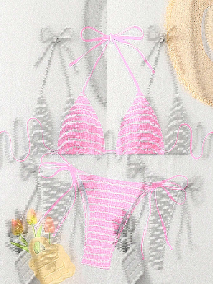 Dame triangle bikini med fint stribemønster og raffinerede bindebånd Skovae