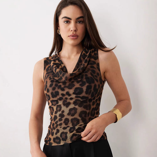 Dame Cowl-Neck Top med leopardmønster Skovae