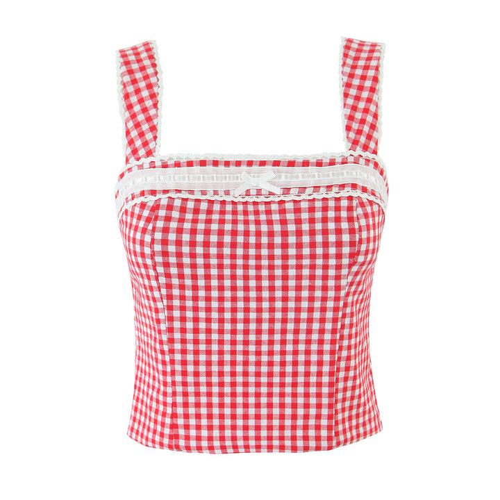 Dame Viskose-Bustier med elegant ruffle dekoration og fint ternet mønster Stilla