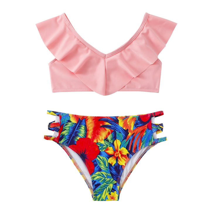 Dame bikini-sæt med legende flæse-design og farverigt blomstertryk Stilla