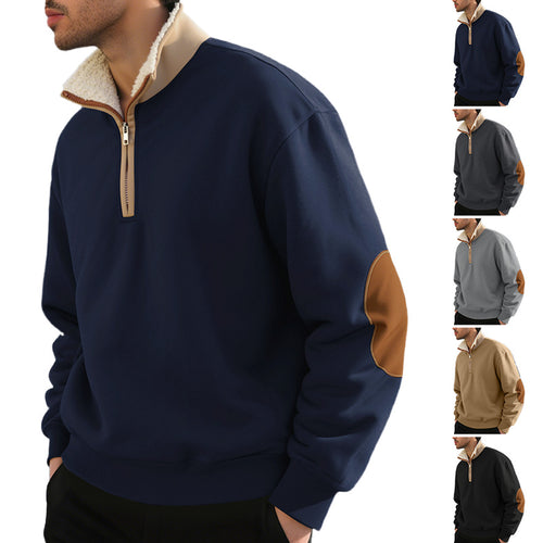 Herre nan legeres halvzip-sweatshirt med sherpa-futteret ståkrave og kunstlæder-albueapplikation Skovae