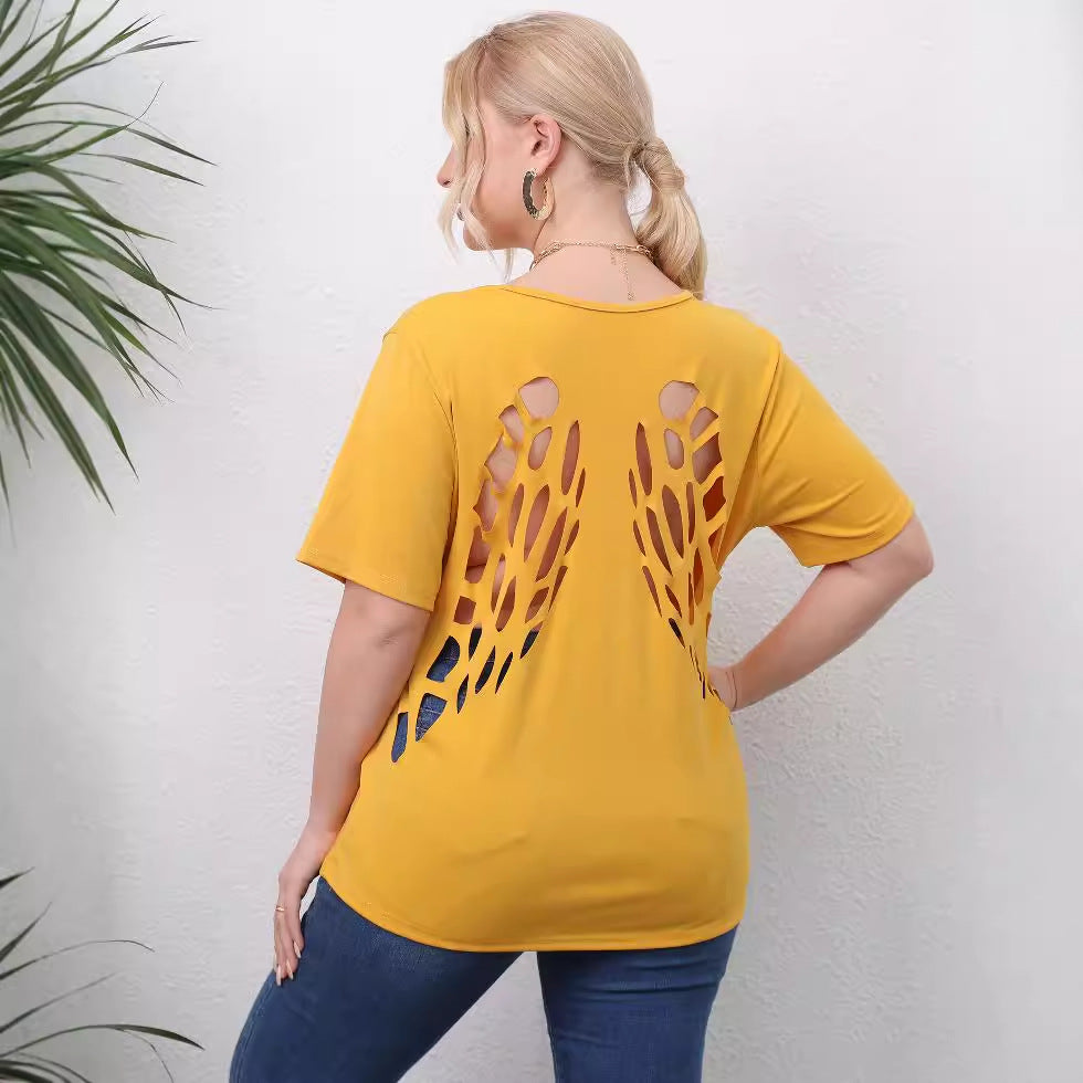 Dame trendy T-shirt med kreative udskæringer Skovae