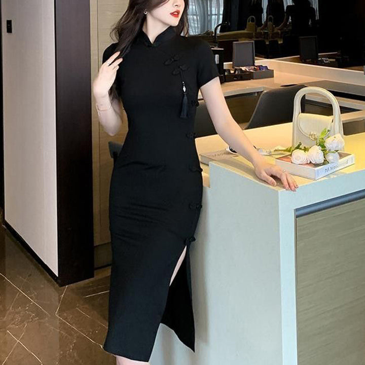 Damer elegant bodycon kjole med høj slids og korte ærmer Skovae