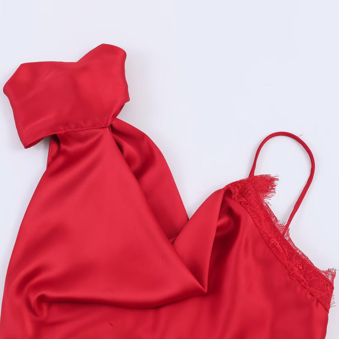 Dame elegant satin-top med asymmetrisk søm og blonde detaljer Skovae