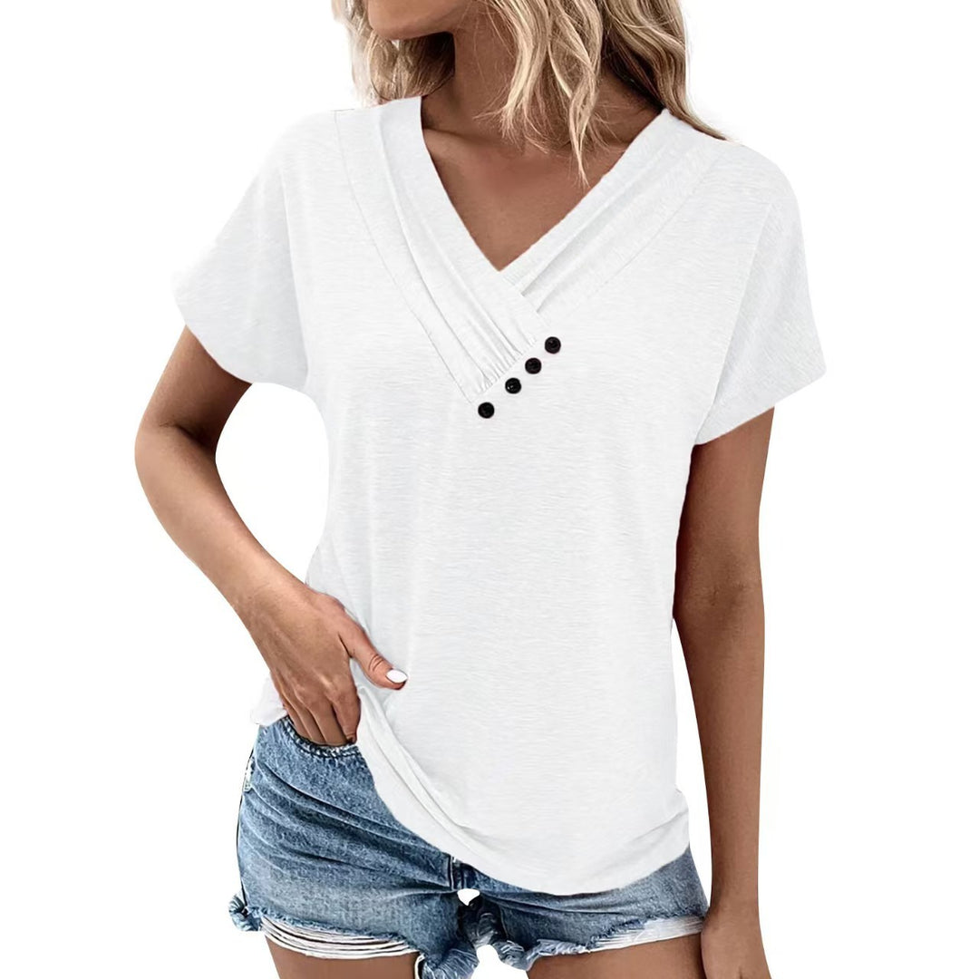 Dame T-shirt med V-udskæring og moderne knapper Stilla
