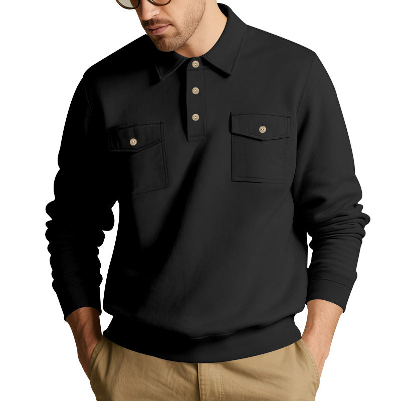 Herren nan Polokrave Sweatshirt med påsyede brystlommer og ribbede manchetter Skovae