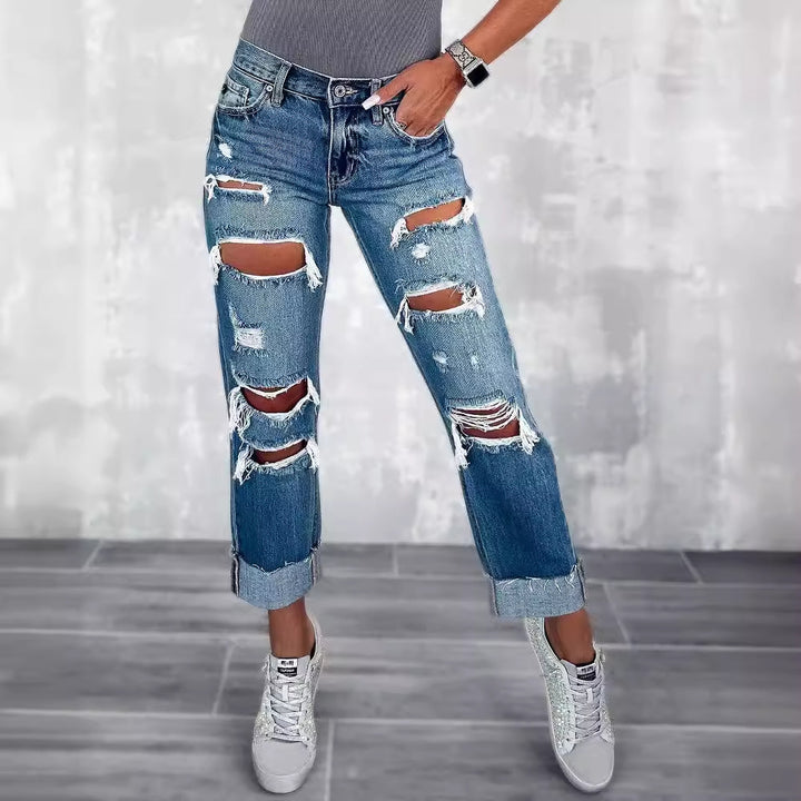 Dame Ripped Boyfriend Jeans i den trendy vintage-look med vidde ben Stilla