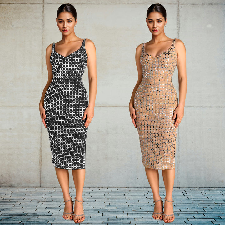 Dame Elegante Figurformet Midi-Kjole med transparent netdesign og glitrende accenter Stilla