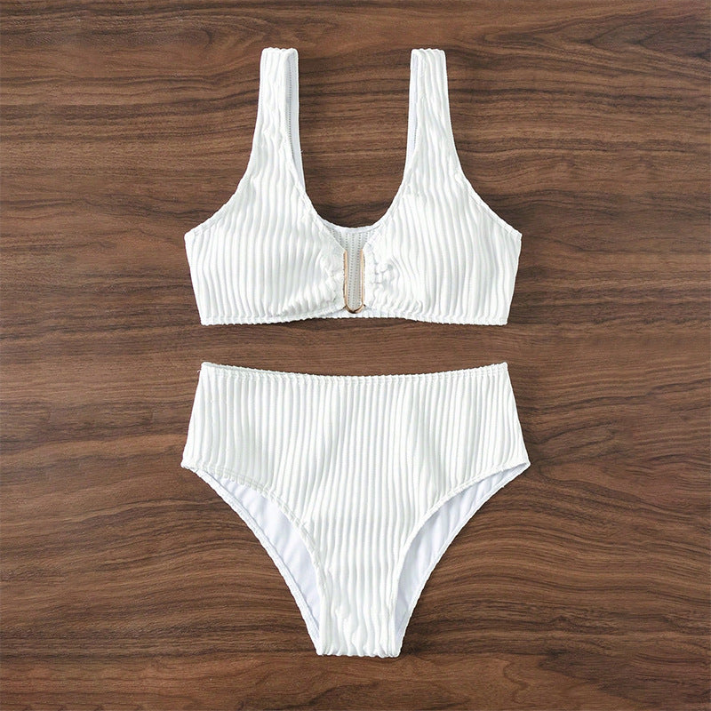 Damer høj talje bikini sæt med elegant stribemønster Skovae
