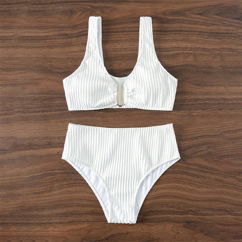 Damer høj talje bikini sæt med elegant stribemønster Skovae