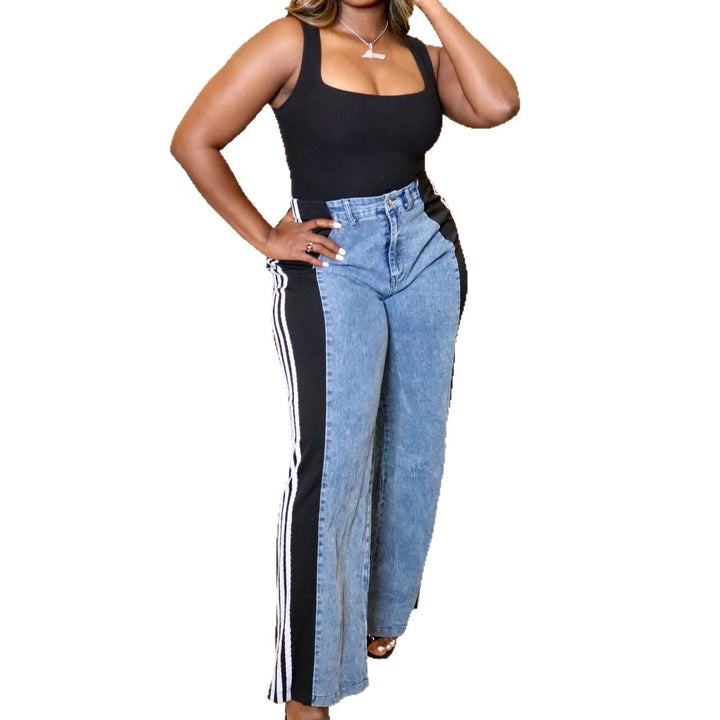 Dame High-Waist Jeans med sporty stribet design og bredt ben Stilla