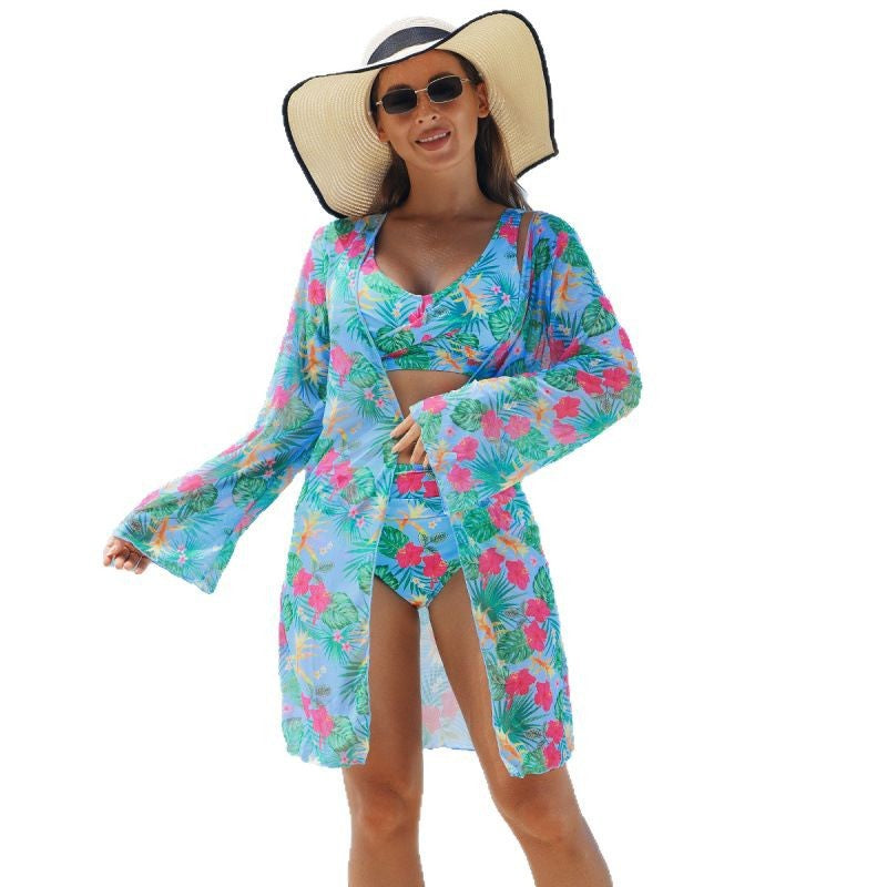 Dame Strandkimono med blomsterdesign og bredskårne ærmer Stilla