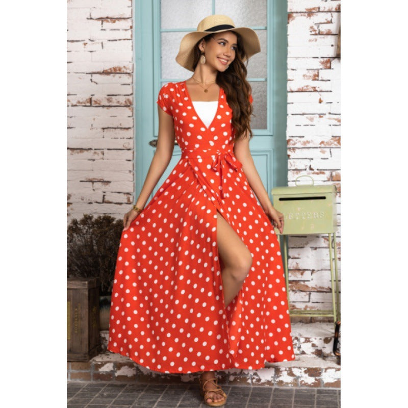 Dame Polka Dot Vinkel-Maxi-Kjole med bundet taljeområde Stilla