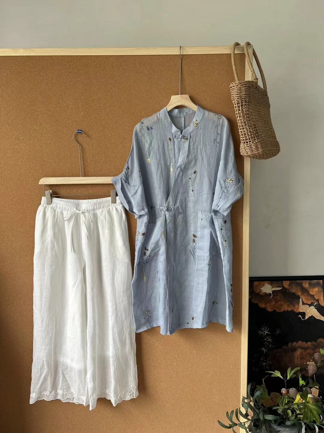 Femme Broderet Linned blouse og Løse Culottes Sæt Stilla
