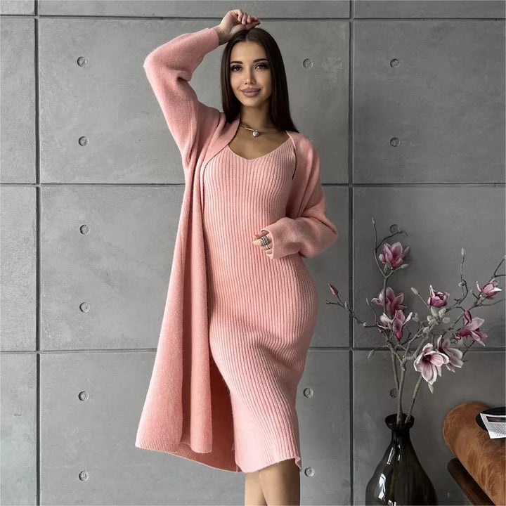 Dame ribstrik kjole med lang cardigan Stilla
