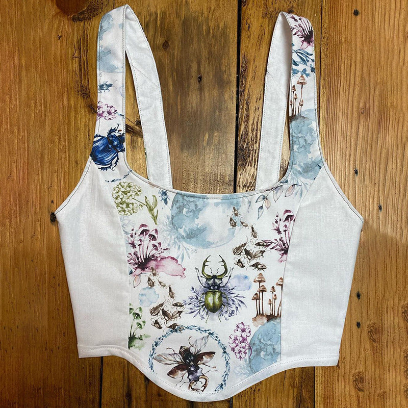 Dame Crop Top med kunstnerisk flora-design og justerbare stropper Skovae