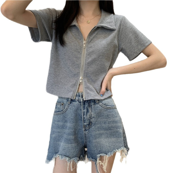 Kvinder Cropped Polo Shirt med Lynlås og Tekstur Finish Skovae