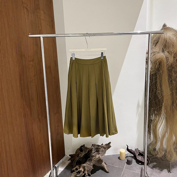 Dame elegant, svingende midi-nederdel med folder og høj talje Stilla