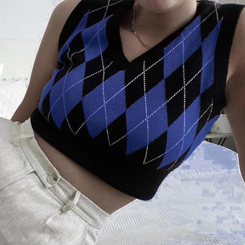 Dame cropped striktop med moderne rhombemønster Skovae