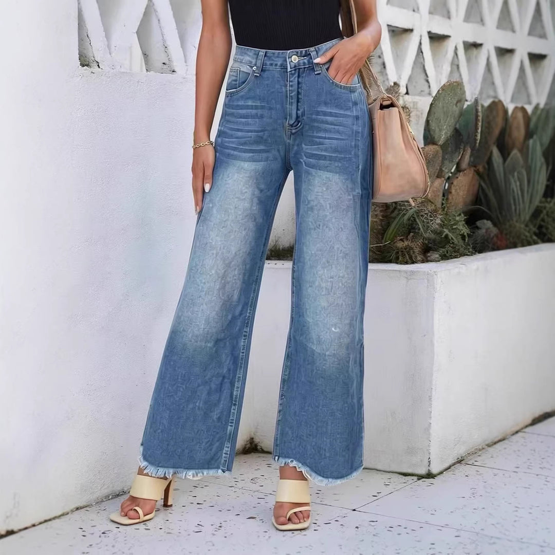 Dame brede denim jeans med kreativt mønster og frynset søm Skovae