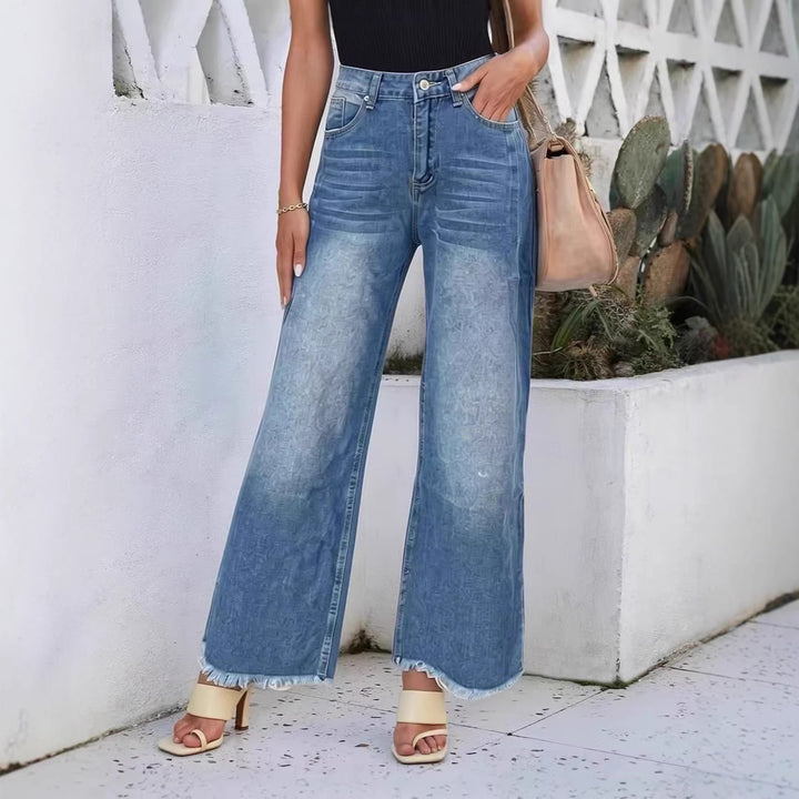 Dame brede denim jeans med kreativt mønster og frynset søm Skovae