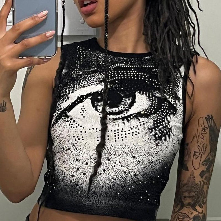 Dame Cropped Tanktop med strålende øjemotiv og glitrende accenter Skovae