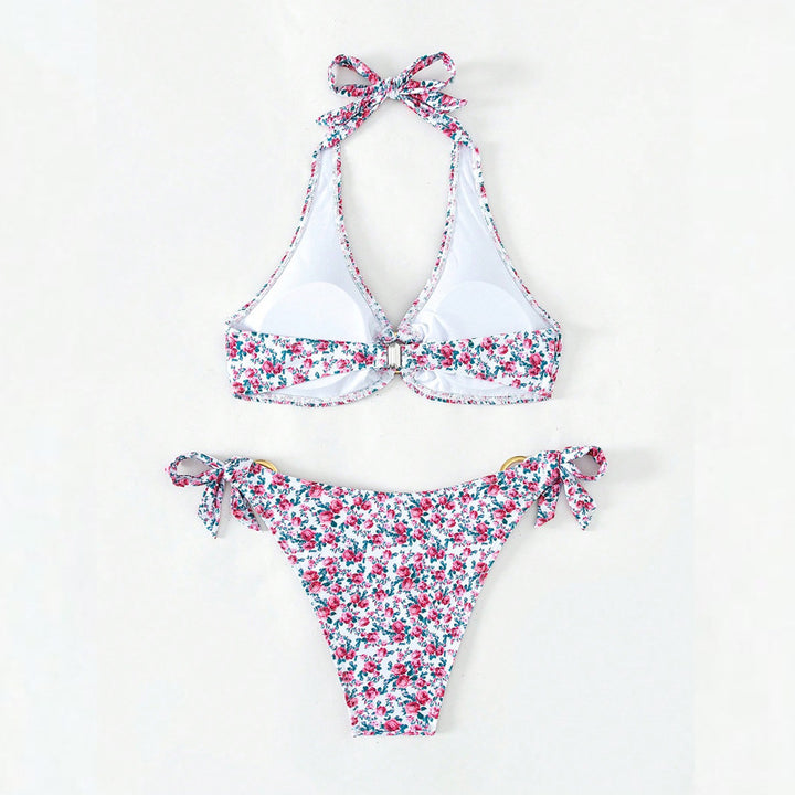 Dame triangel-bikini med legesygt blomsterdesign og komfortable sløjfer Skovae