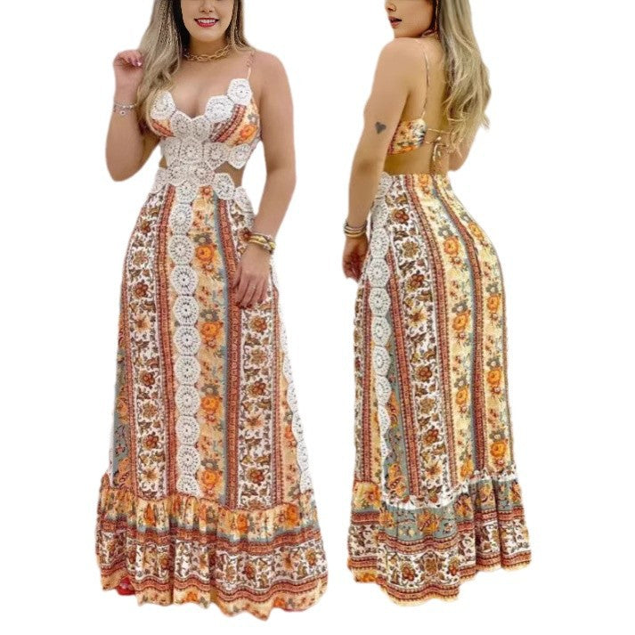 Dame Maxikjole med blomsterprints og raffinerede cut-outs Stilla