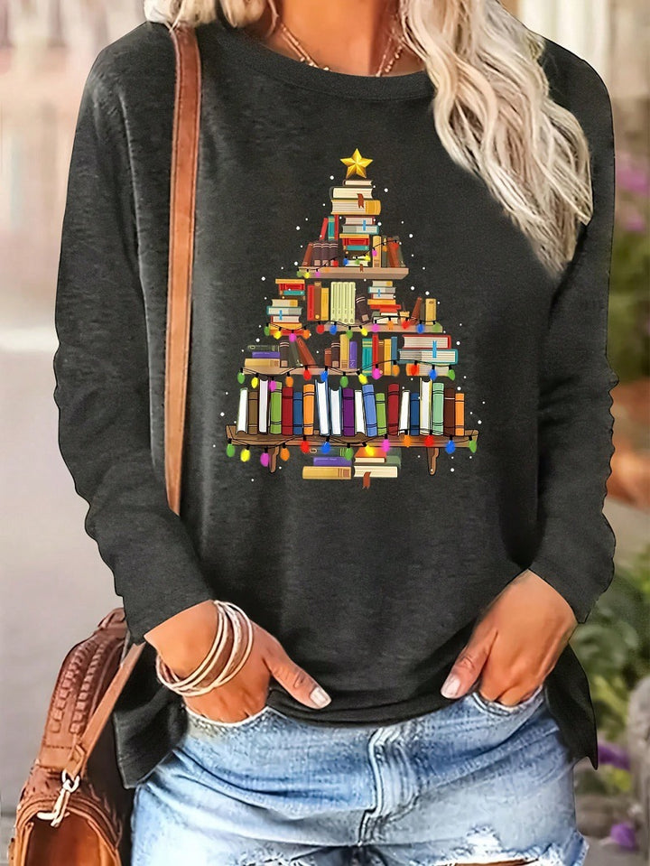 Dame afslappet Langærmet Pullover med festligt Bøger-Motiv Stilla