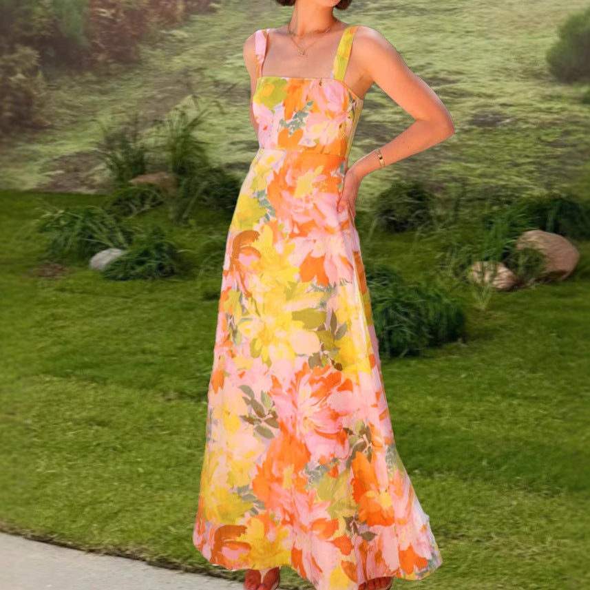 Dame Floral Maxi Kjole med Tætsiddende Snit og Spaghetti Stropper Stilla