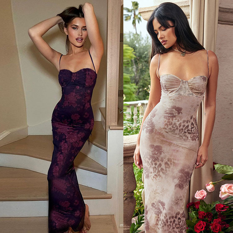 Dame Floral Spids Bodycon Maxikjole Stilla