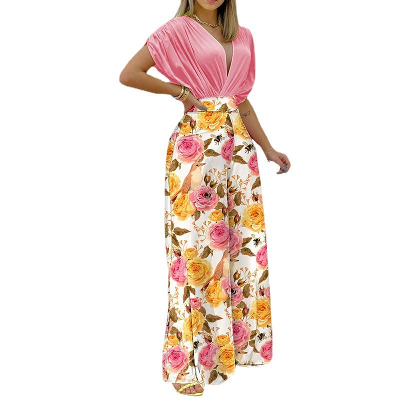 Damer Elegant Jumpsuit med Dyb V-Hals og Bred Skåret Ben Stilla