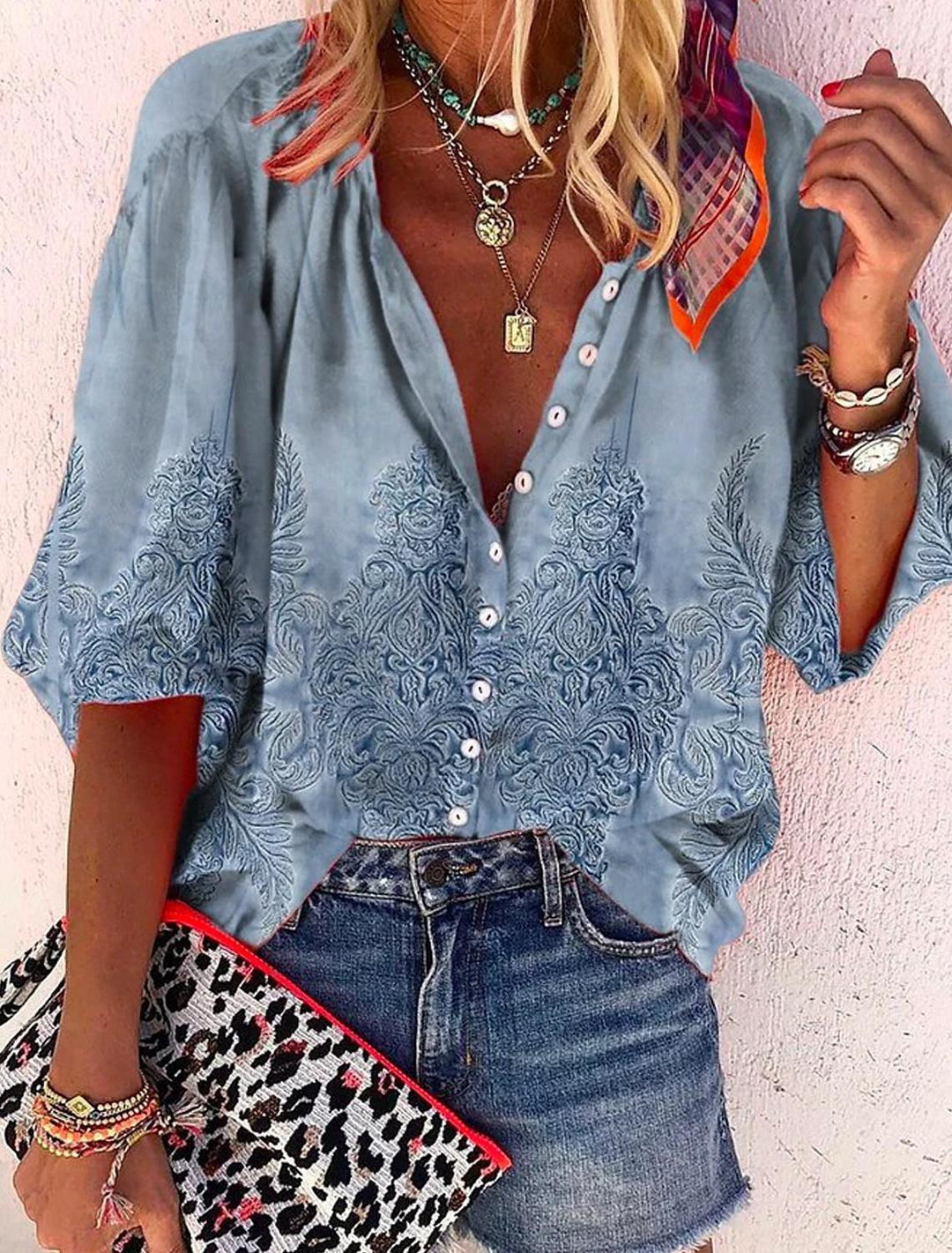 Skovae | Spidsbroderet Boho Langærmet Tunika Bluse