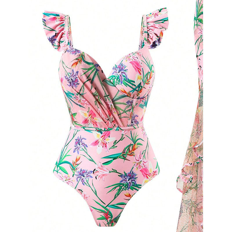 Dame One-Piece Badedragt med blomstrede volanger og matchende omslagsrulle Skovae