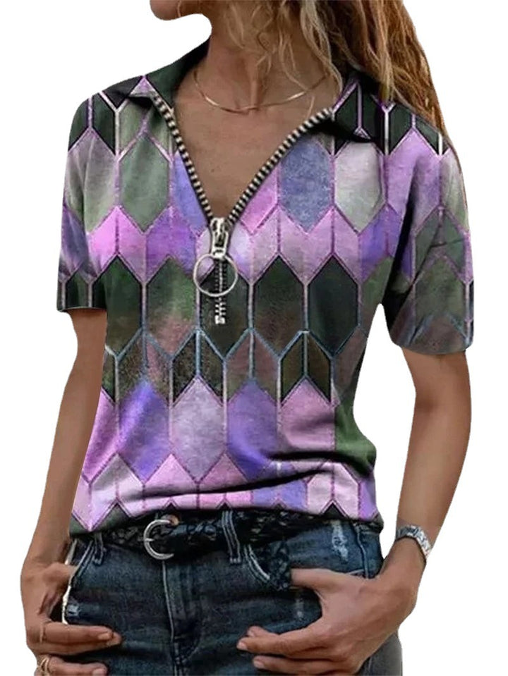 Dame mode kortærmet T-shirt med lynlås og geometrisk mønster Stilla