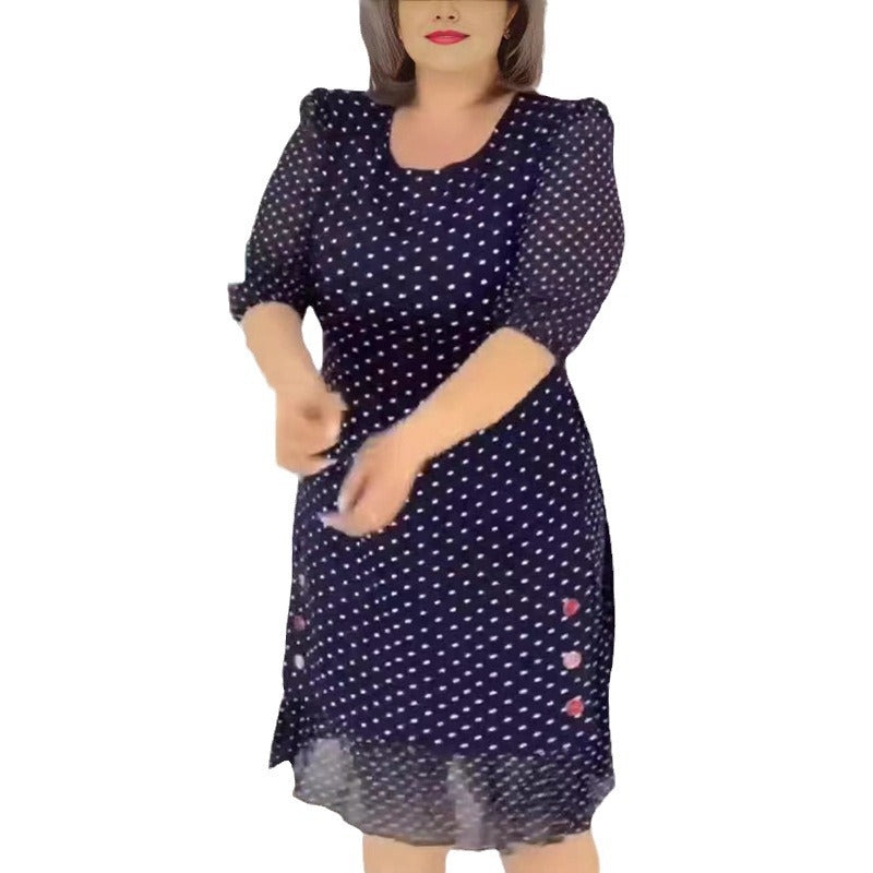 Dame nan Chiffon-Midi kjole med prikmønster, halvlange puffærmer, side blomsterbroderi og rynket volangkant Skovae