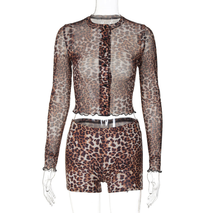 Dame Gennemsigtig Leopardmønster Bluse og Shorts Sæt Skovae