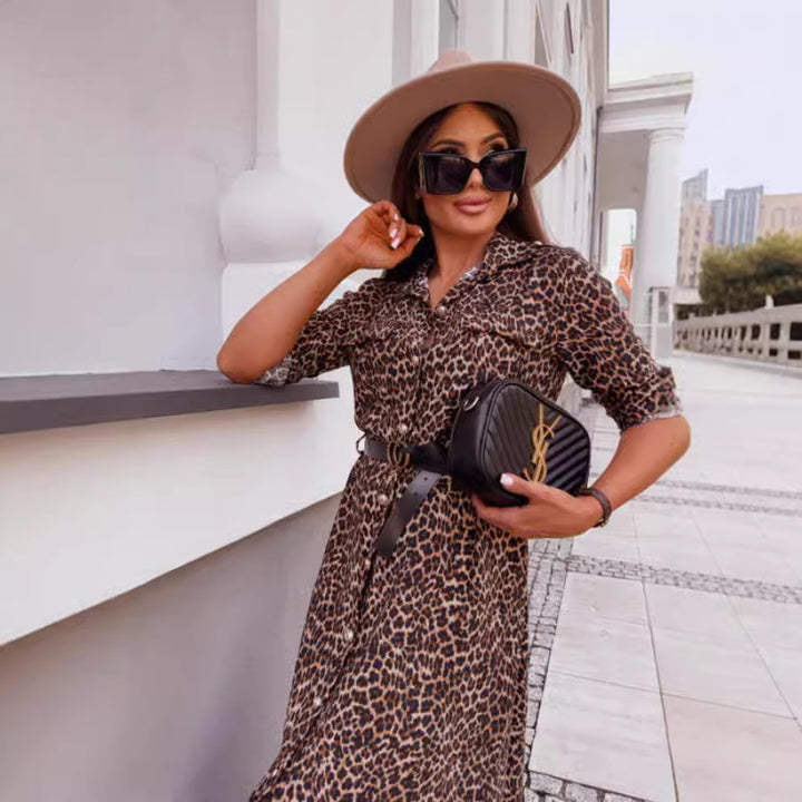 Dame Elegant Leopardmønster Skjortekjole Stilla