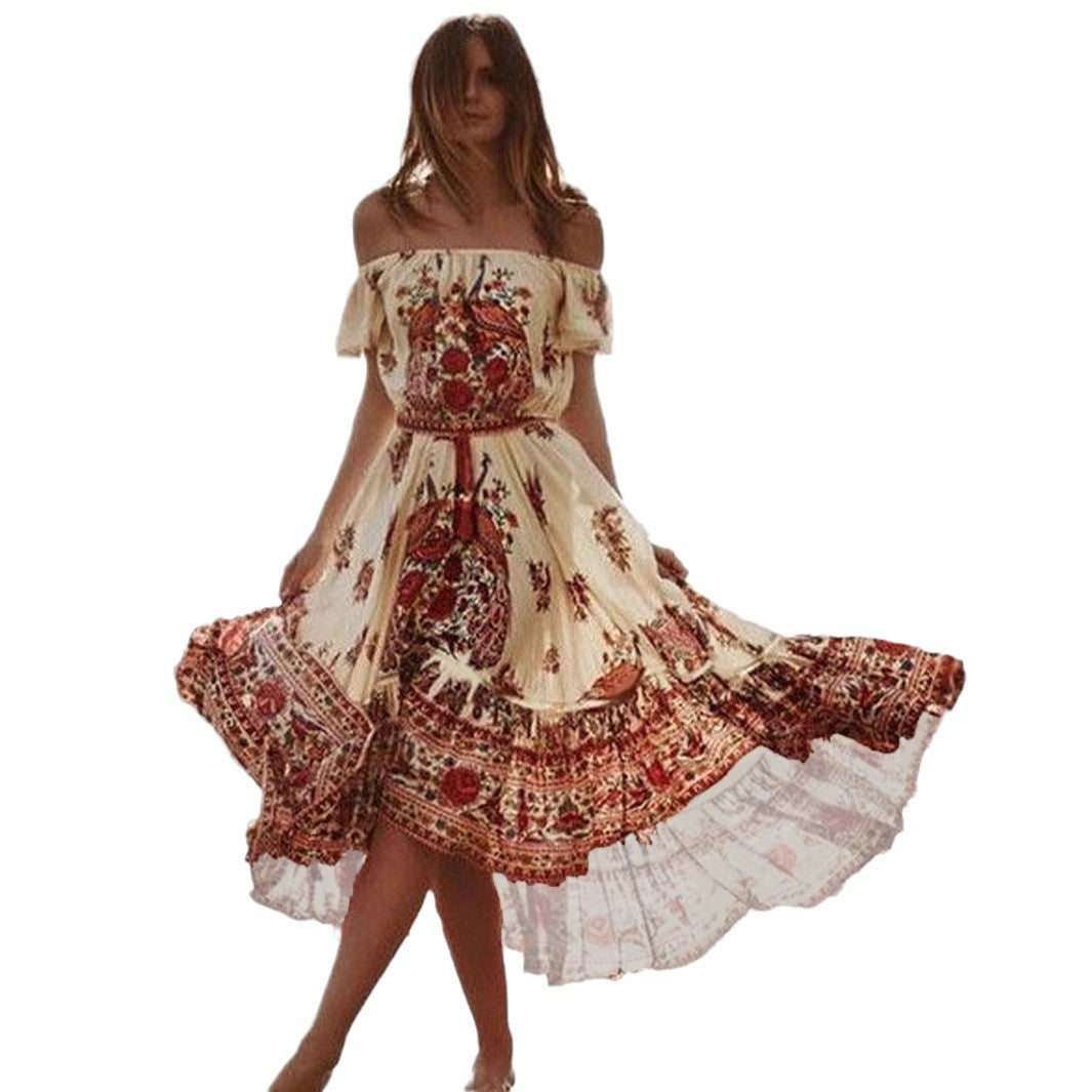 Dame Off-the-Shoulder Bohemian Floral Maxi Kjole Stilla