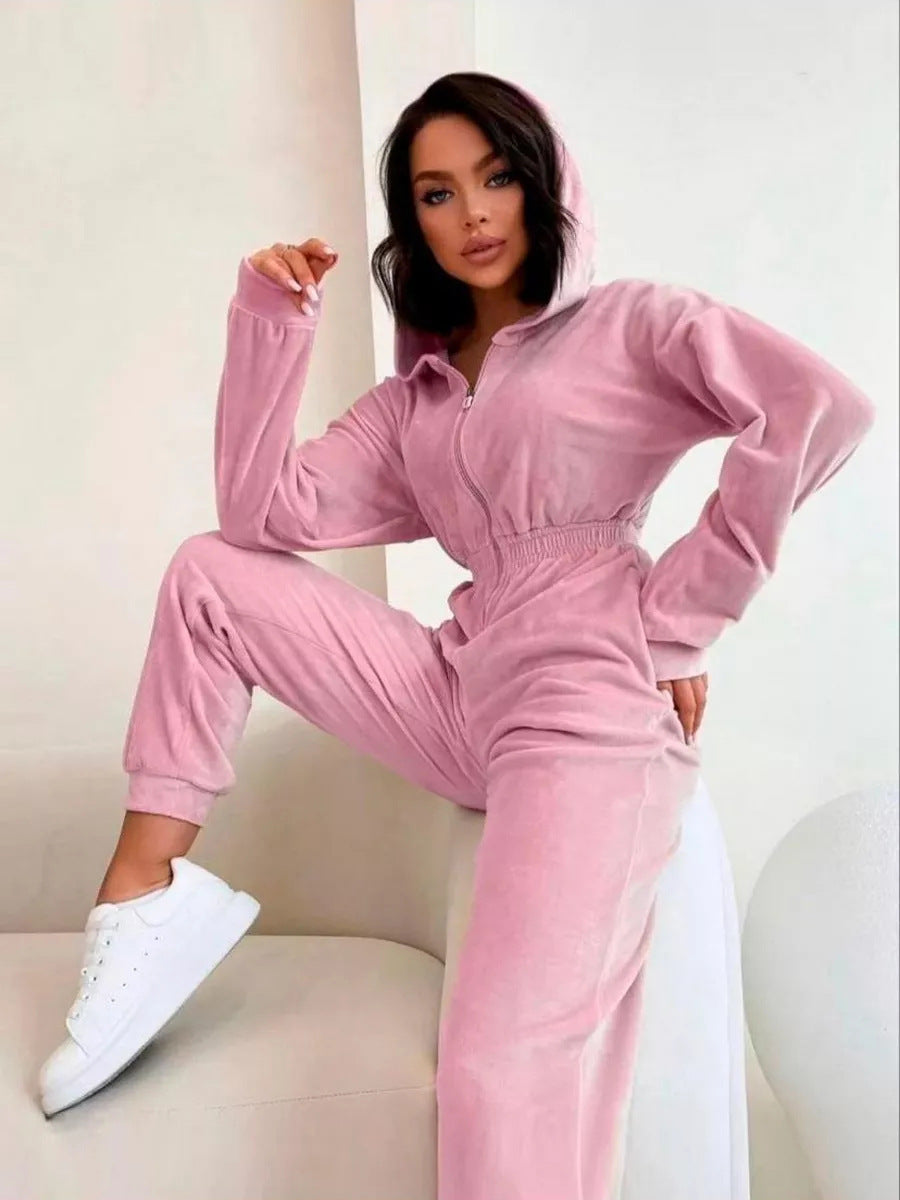 Kvindernes fløjls jumpsuit med hætte og elastisk talje Skovae
