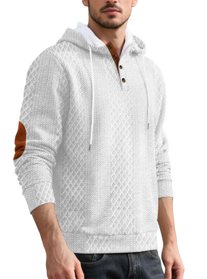 Herren nan Diamond-struktur hættepullover med kort knapliste, quiltet hætte inderside og ruskinds albuepatch Skovae