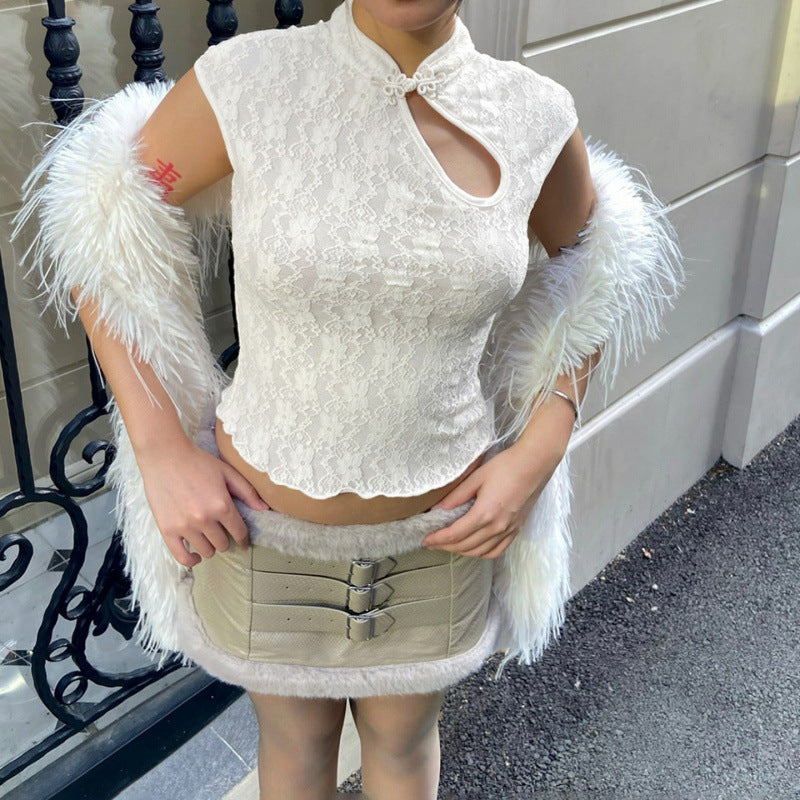 Damen Spitzenoberteil mit hochgeschlossenem Kragen und floralem Design Skovae