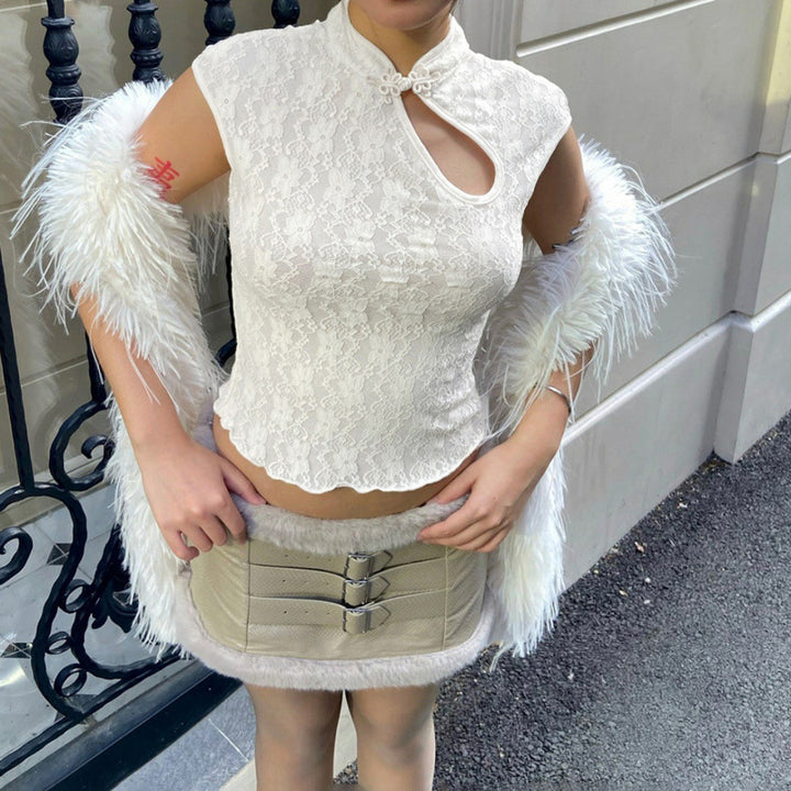Damen Spitzenoberteil mit hochgeschlossenem Kragen und floralem Design Skovae