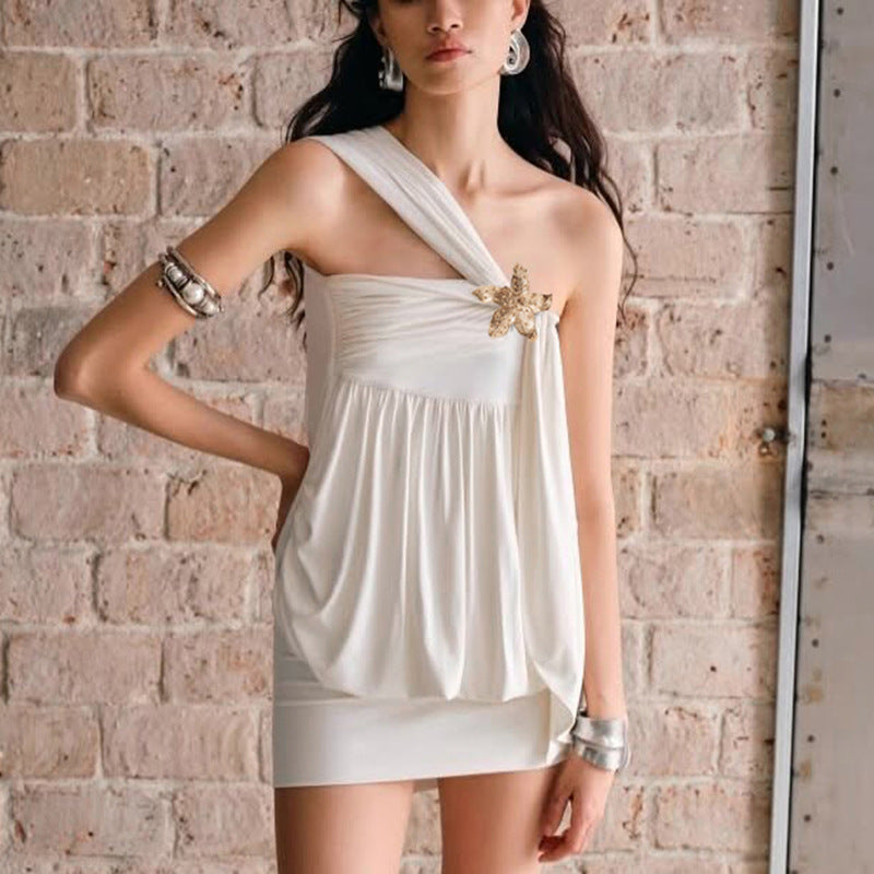 Dame One-Shoulder Draperet Mini-Kjole med udsmykkede detaljer Stilla