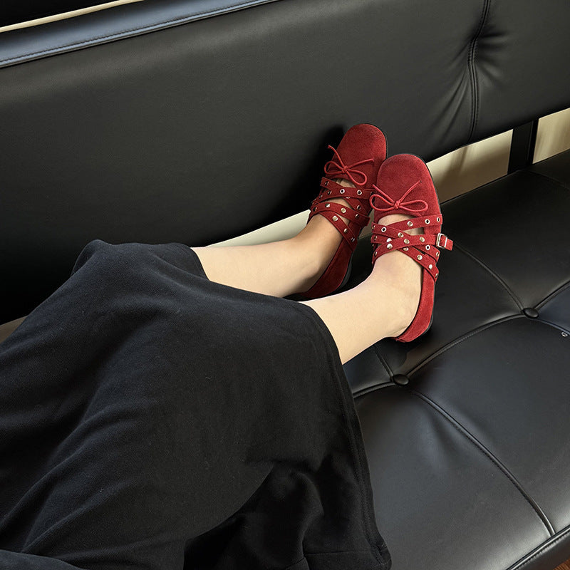Dame Trendy Kvadrat Tå Slip-On Ballerinas med dekorativt Krydsrem Design Stilla