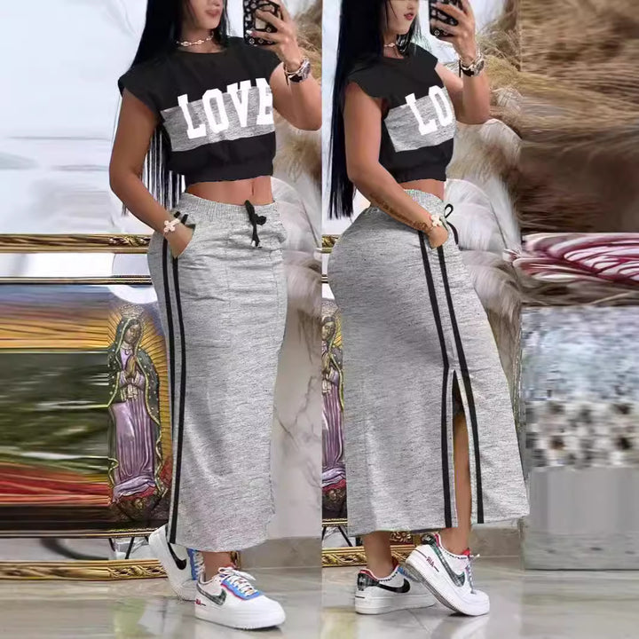 Dame Crop-Top og Maxi-Nederdel Sæt med sporty design og sidelængde Stilla