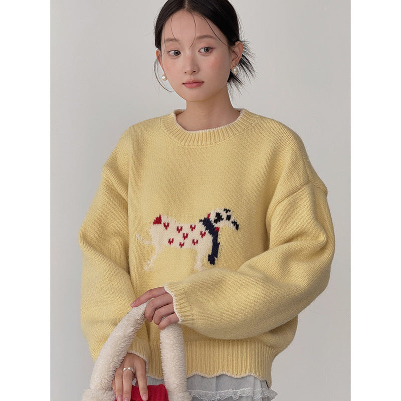 Dame hyggelig sweater med filigranmæssigt hundemotiv og elastisk talje Stilla