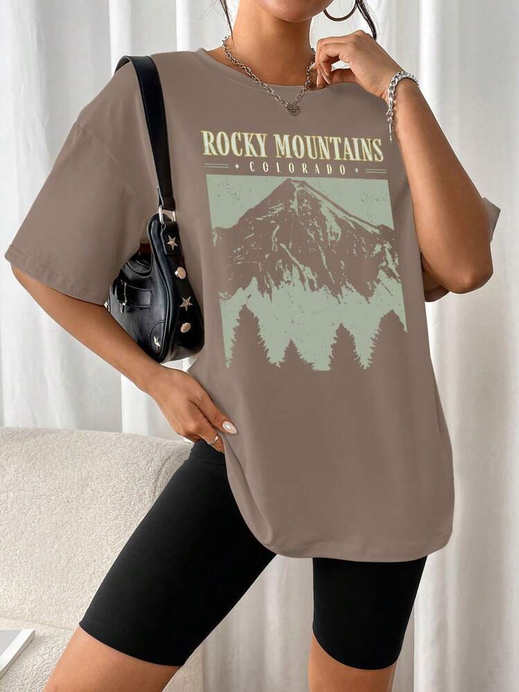 Dame Grafik T-shirt med bjergmotiv og løs pasform Stilla