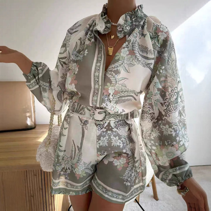 Dame bluse sæt med blomstrede design og løs pasform Skovae