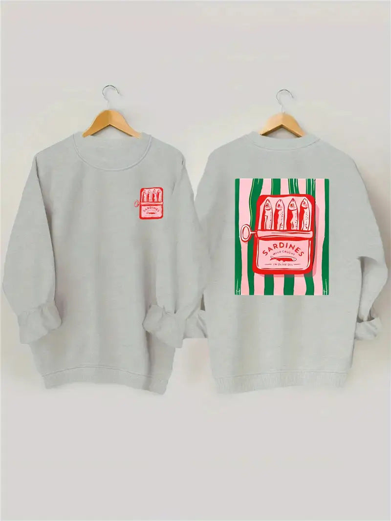 Kvindernes sweatshirt med kreativ sardinegrafik og afslappet pasform Stilla